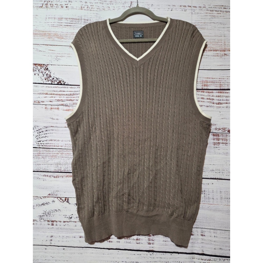 Haggar Cool 18 Mens Large Brown Cable Knit V-Neck Cotton Sweater Vest
